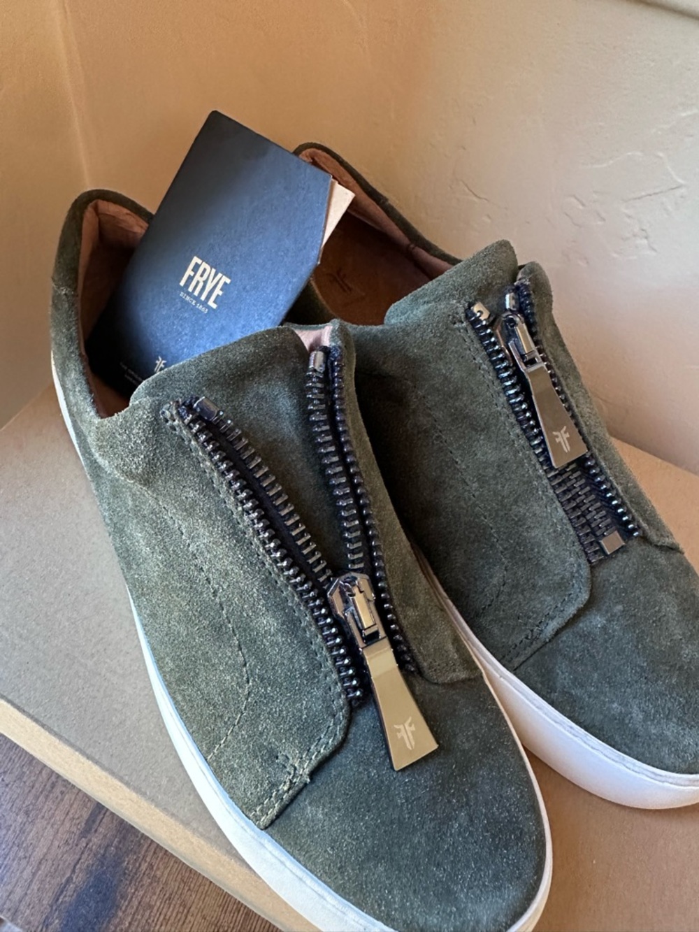 FRYE Women’s Lena Zip Low Olive Green Suede Zip-Front Sneakers